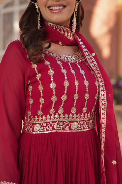 Maroon Embroidery Zari Sequins Work Gown With Dupatta