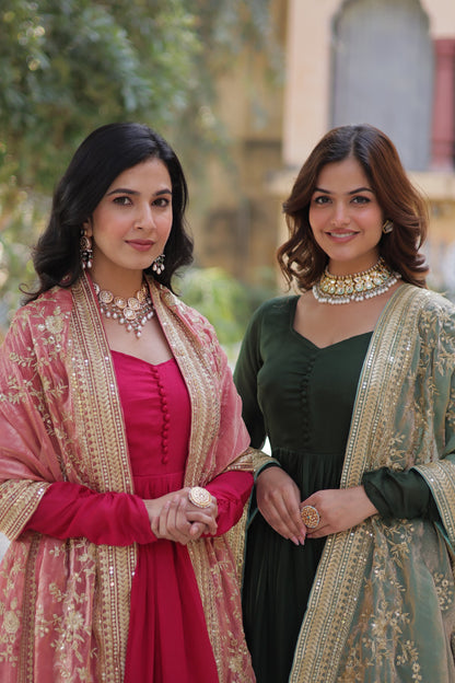 Mehendi Shimmer Vichitra Sequins Embroidered Work Gown With Dupatta