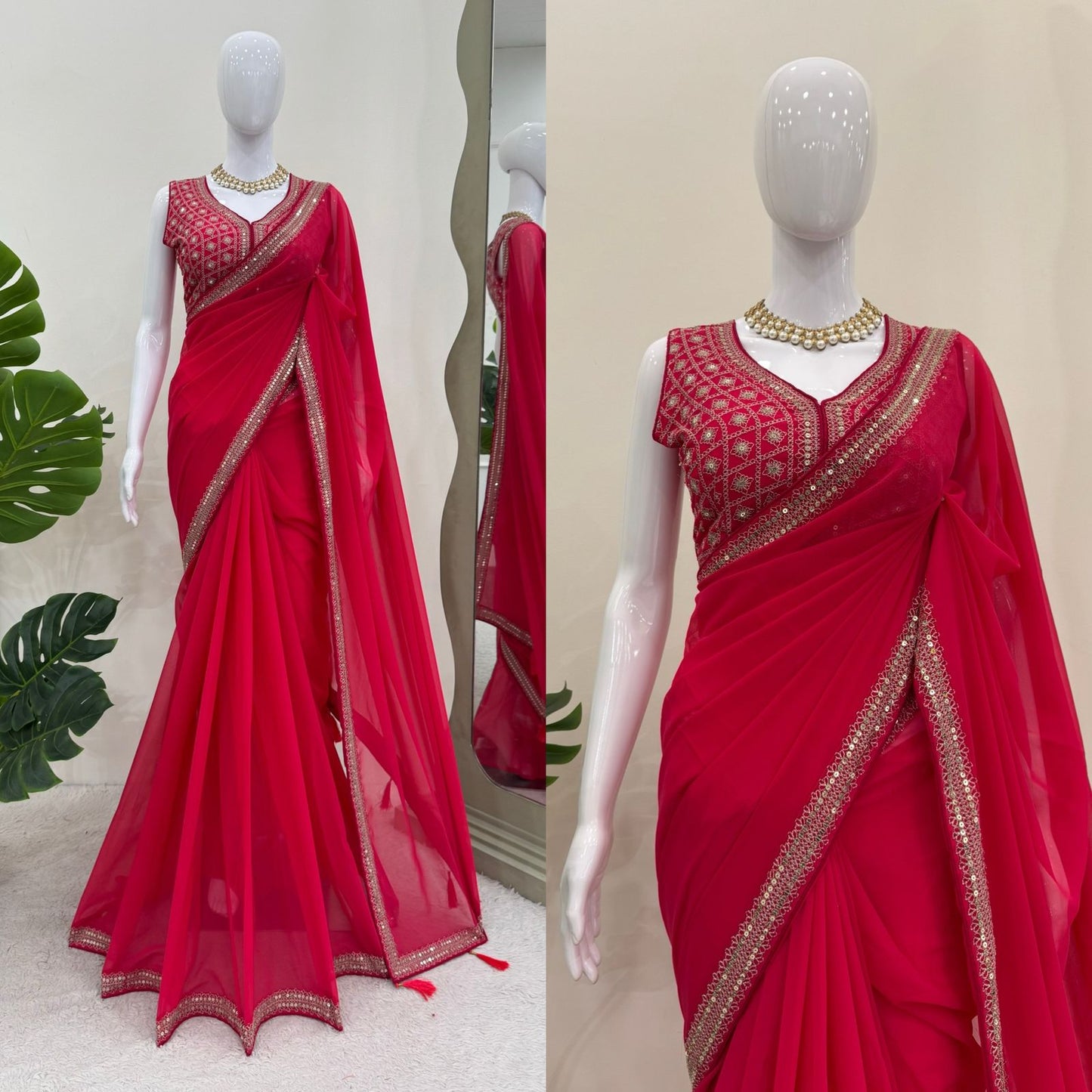 Red Sequins work Georgette Saree