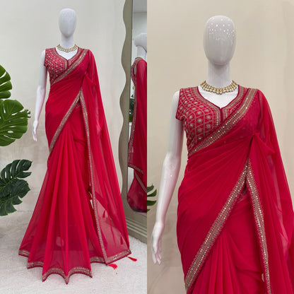 Red Sequins work Georgette Saree