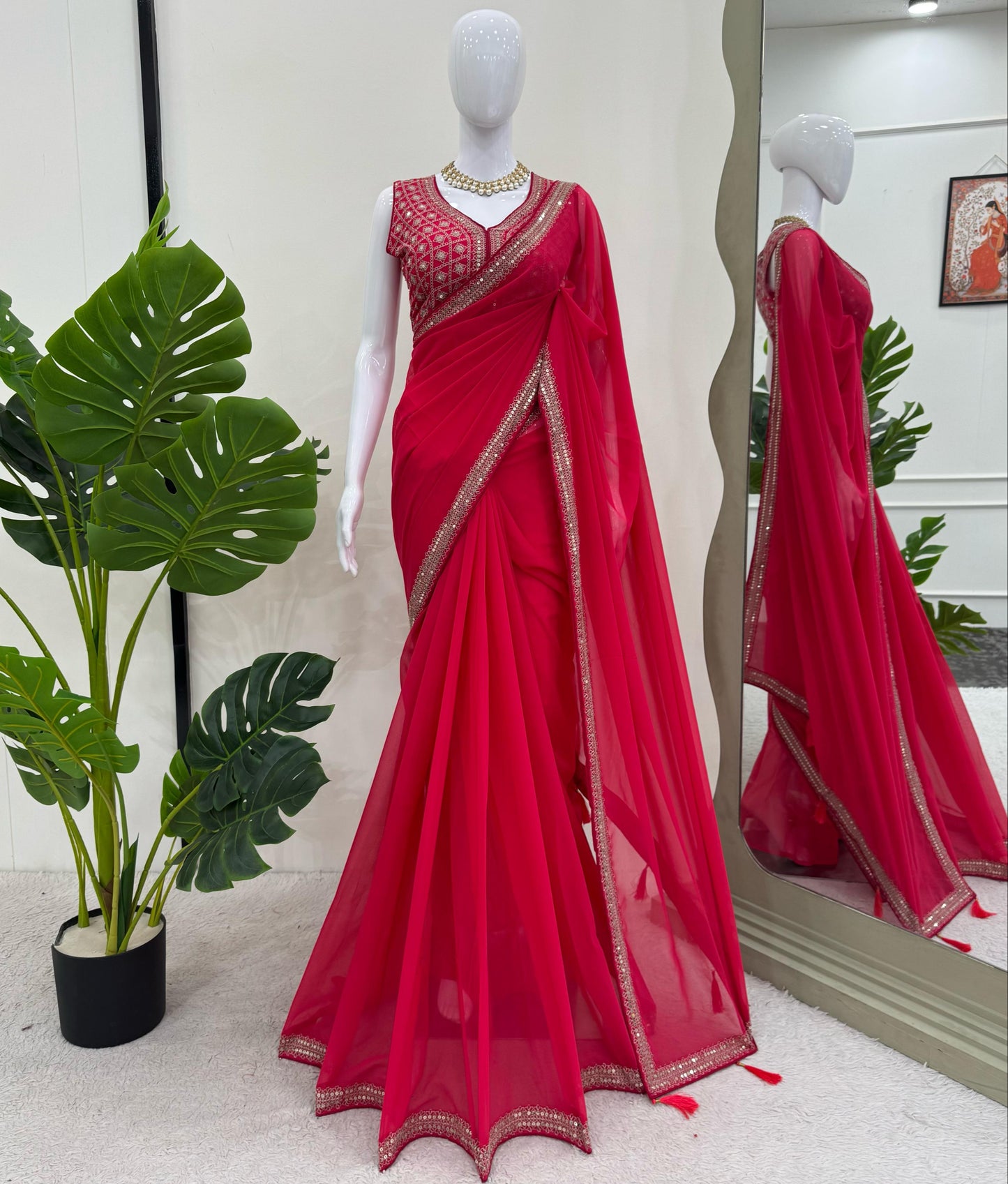 Red Sequins work Georgette Saree