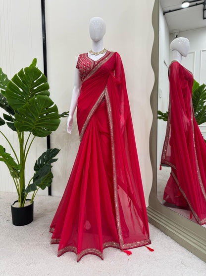 Red Sequins work Georgette Saree