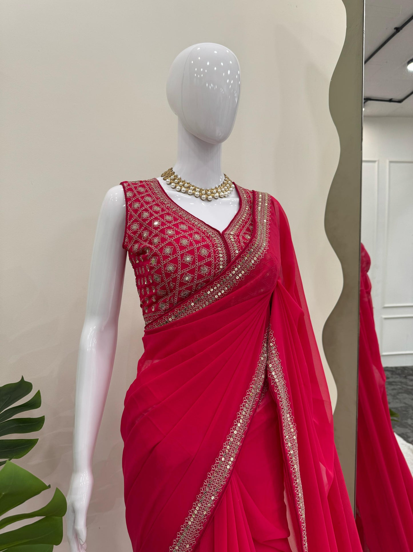Red Sequins work Georgette Saree