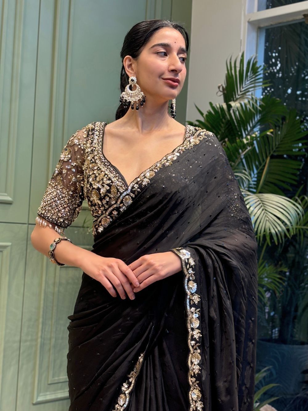 Black Soft Rangoli Silk With  Diamond Work Saree