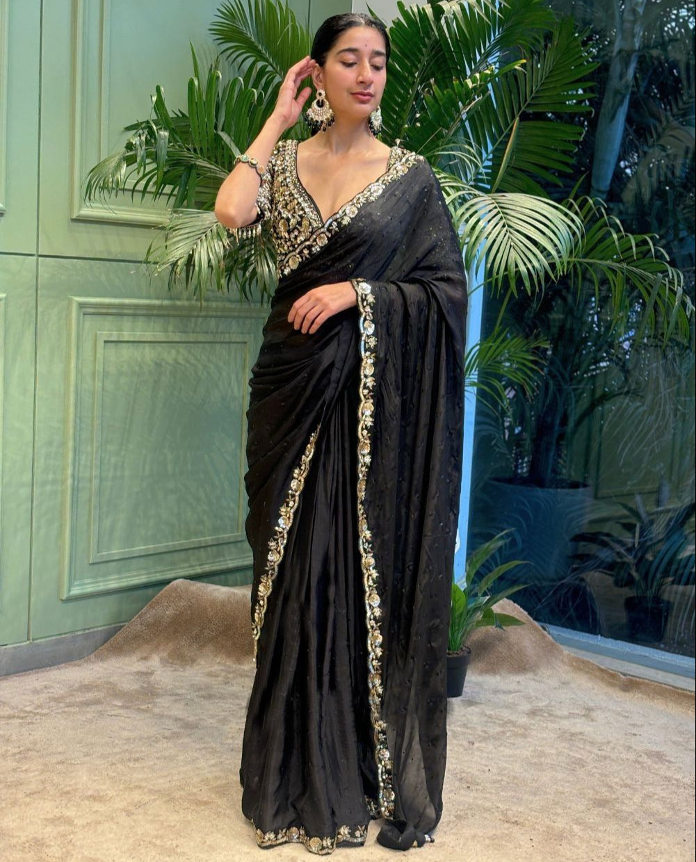 Black Soft Rangoli Silk With  Diamond Work Saree
