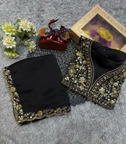 Black Soft Rangoli Silk With  Diamond Work Saree