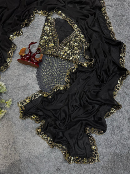 Black Soft Rangoli Silk With  Diamond Work Saree
