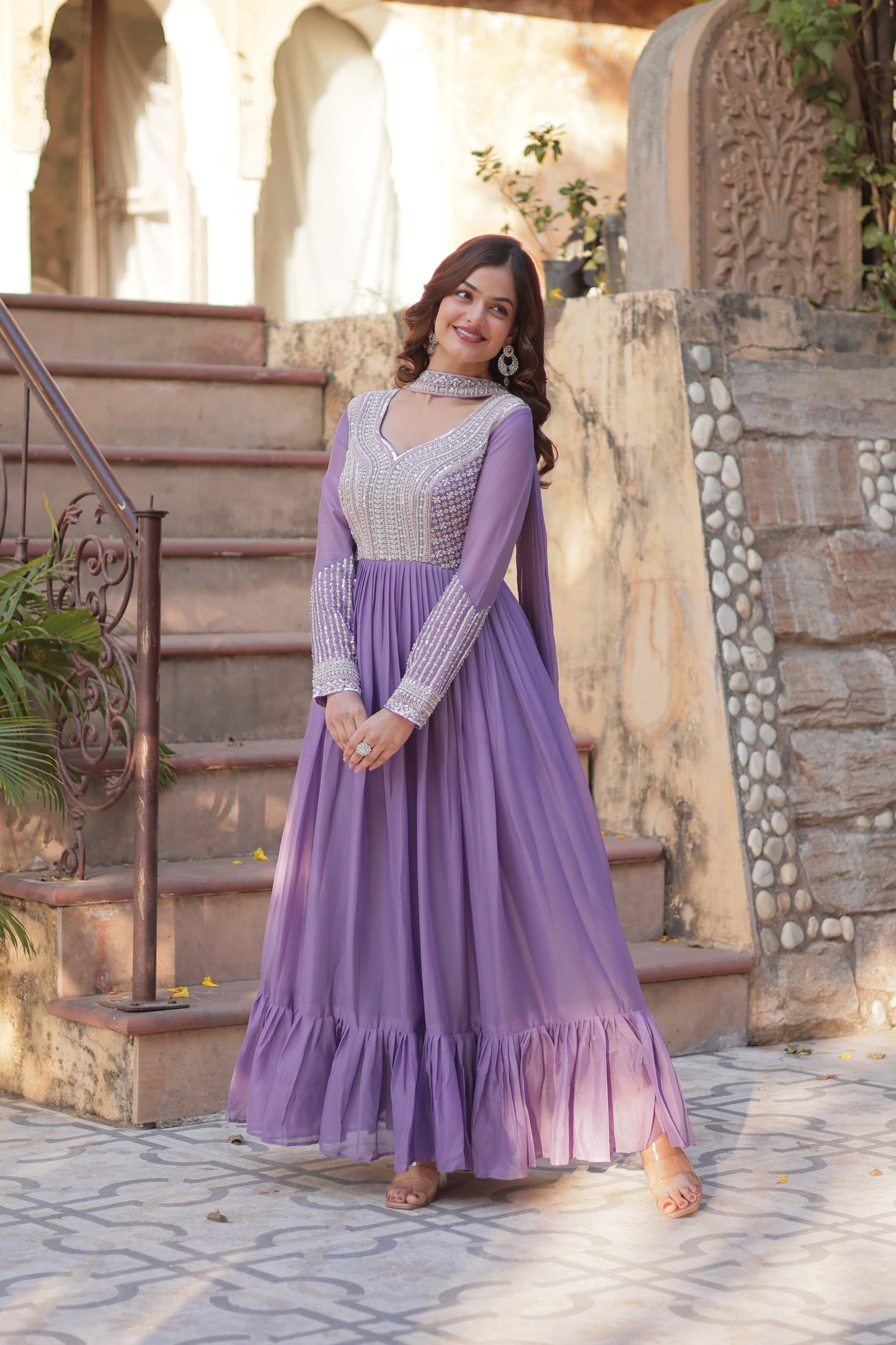 Lavender Star Georgette Sequins Work Gown With Dupatta