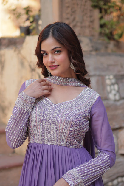 Lavender Star Georgette Sequins Work Gown With Dupatta