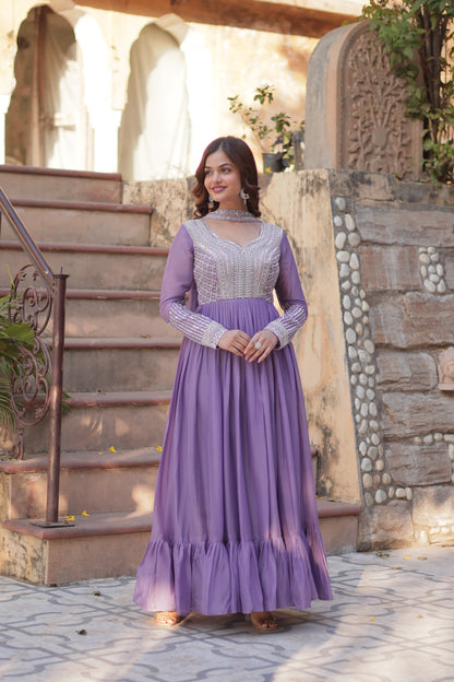 Lavender Star Georgette Sequins Work Gown With Dupatta