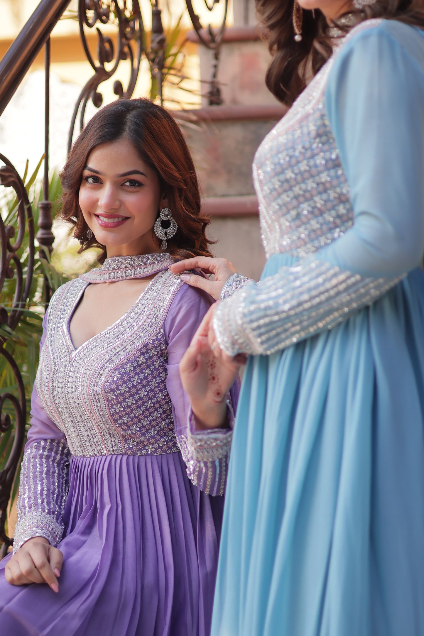 Lavender Star Georgette Sequins Work Gown With Dupatta