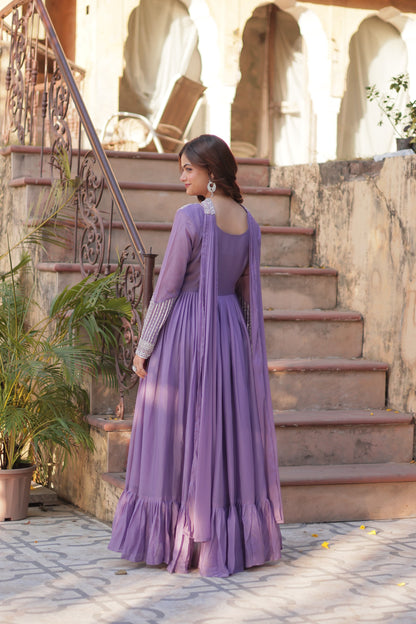 Lavender Star Georgette Sequins Work Gown With Dupatta