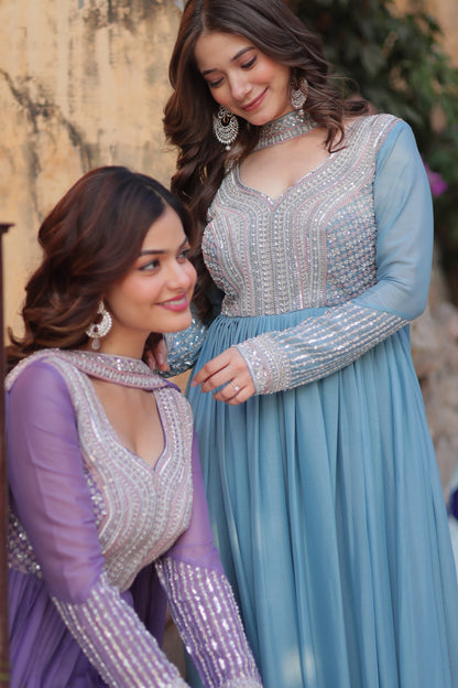 Lavender Star Georgette Sequins Work Gown With Dupatta