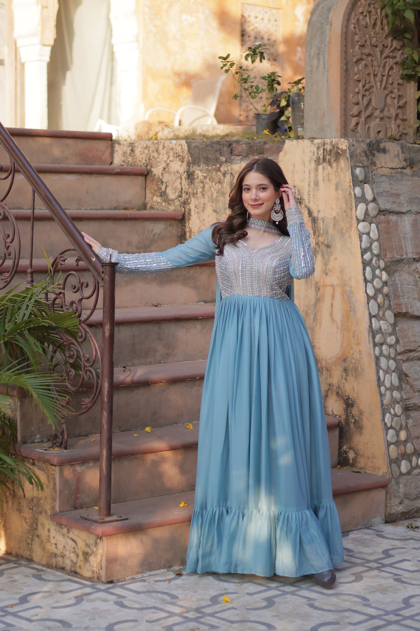 Lavender Star Georgette Sequins Work Gown With Dupatta