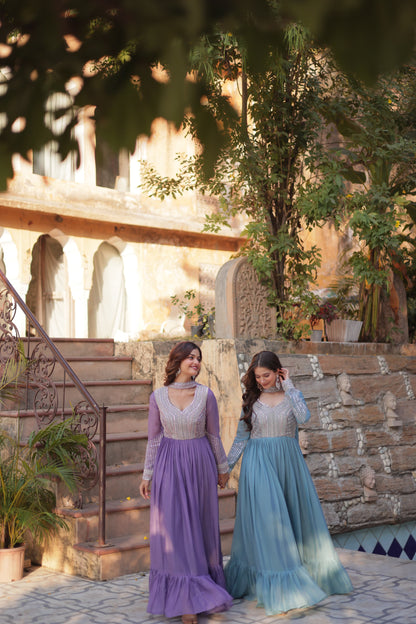 Lavender Star Georgette Sequins Work Gown With Dupatta