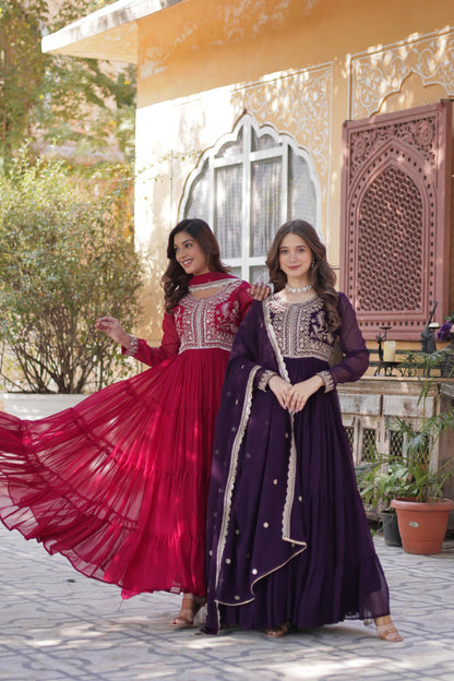Deeppink Attractive Embroidered Pearl Work Gown With Dupatta