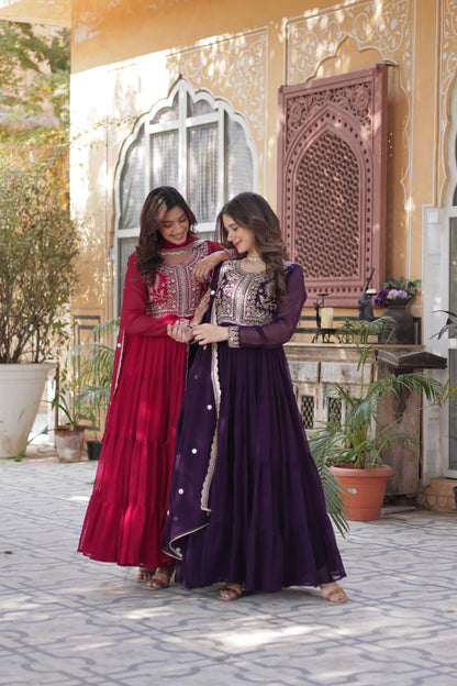 Deeppink Attractive Embroidered Pearl Work Gown With Dupatta