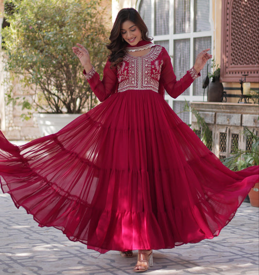 Deeppink Attractive Embroidered Pearl Work Gown With Dupatta