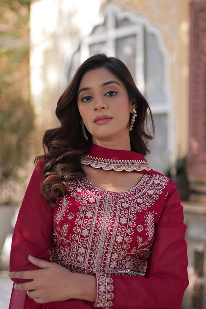 Deeppink Attractive Embroidered Pearl Work Gown With Dupatta