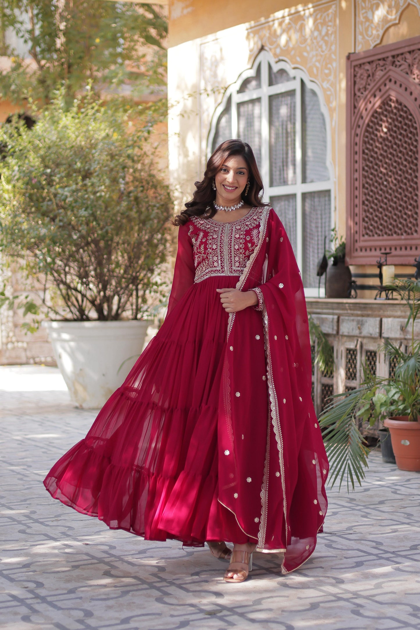Deeppink Attractive Embroidered Pearl Work Gown With Dupatta