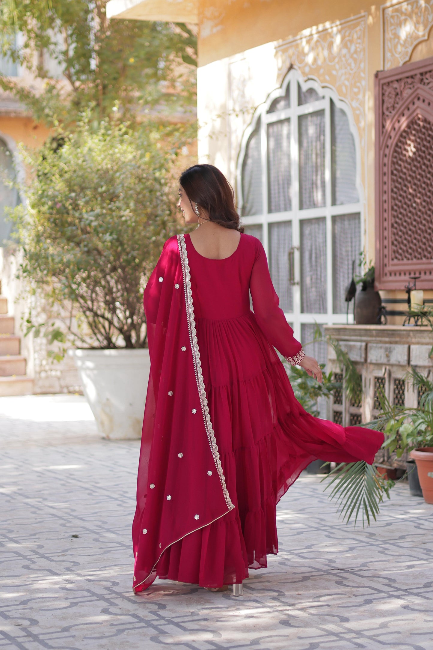 Deeppink Attractive Embroidered Pearl Work Gown With Dupatta