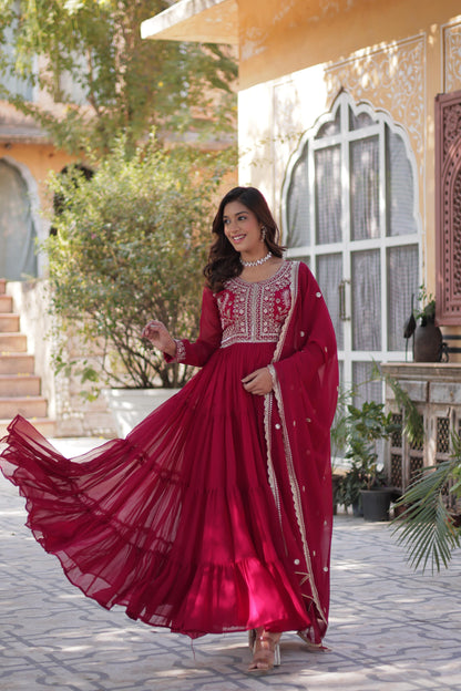 Deeppink Attractive Embroidered Pearl Work Gown With Dupatta