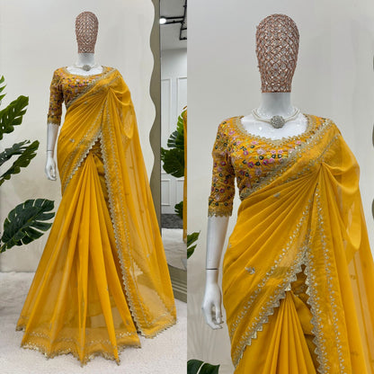 Yellow Tibby Silk Saree