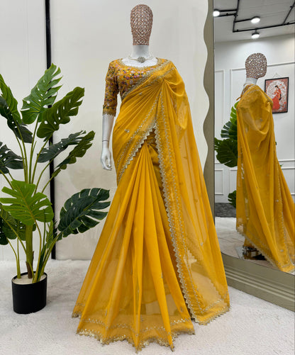 Yellow Tibby Silk Saree