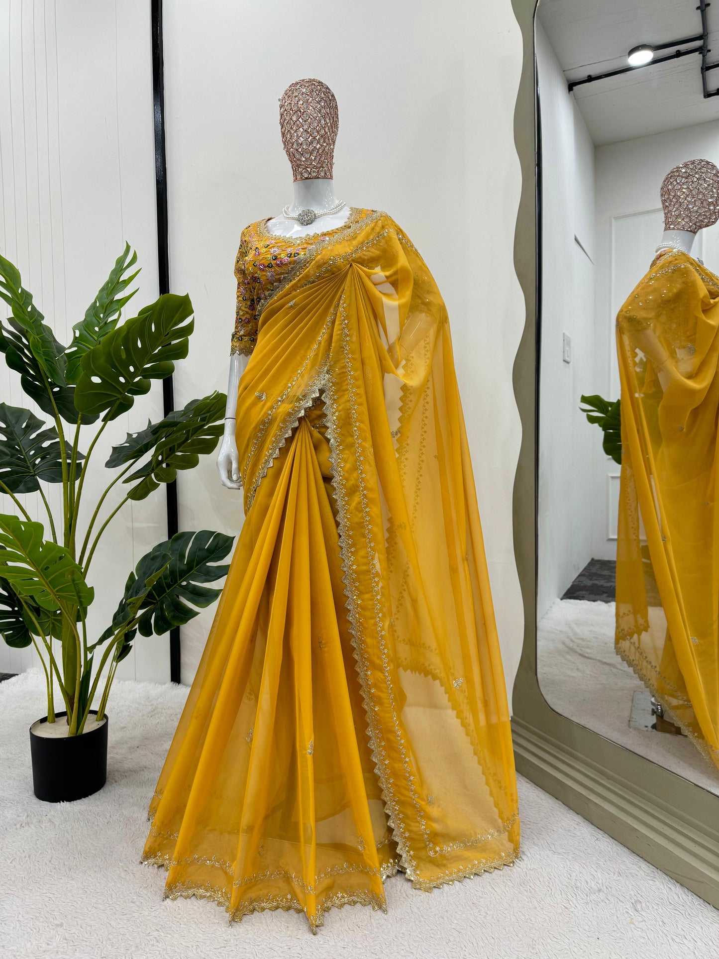 Yellow Tibby Silk Saree