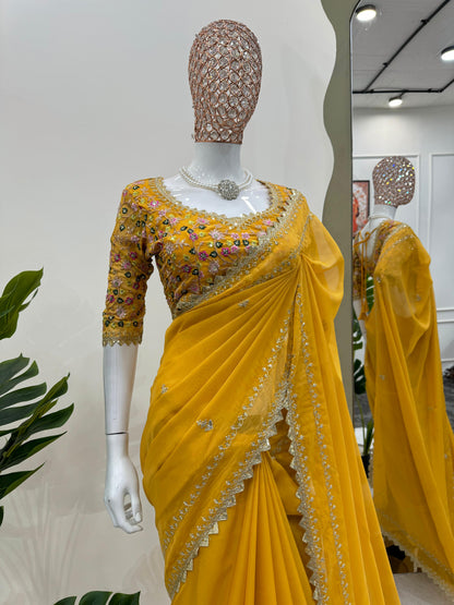 Yellow Tibby Silk Saree