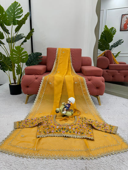 Yellow Tibby Silk Saree