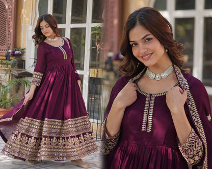 Wine Shimmer Vichitra with Rich Sequins Embroidered Gown With Dupatta
