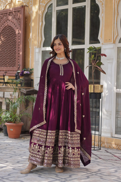 Wine Shimmer Vichitra with Rich Sequins Embroidered Gown With Dupatta
