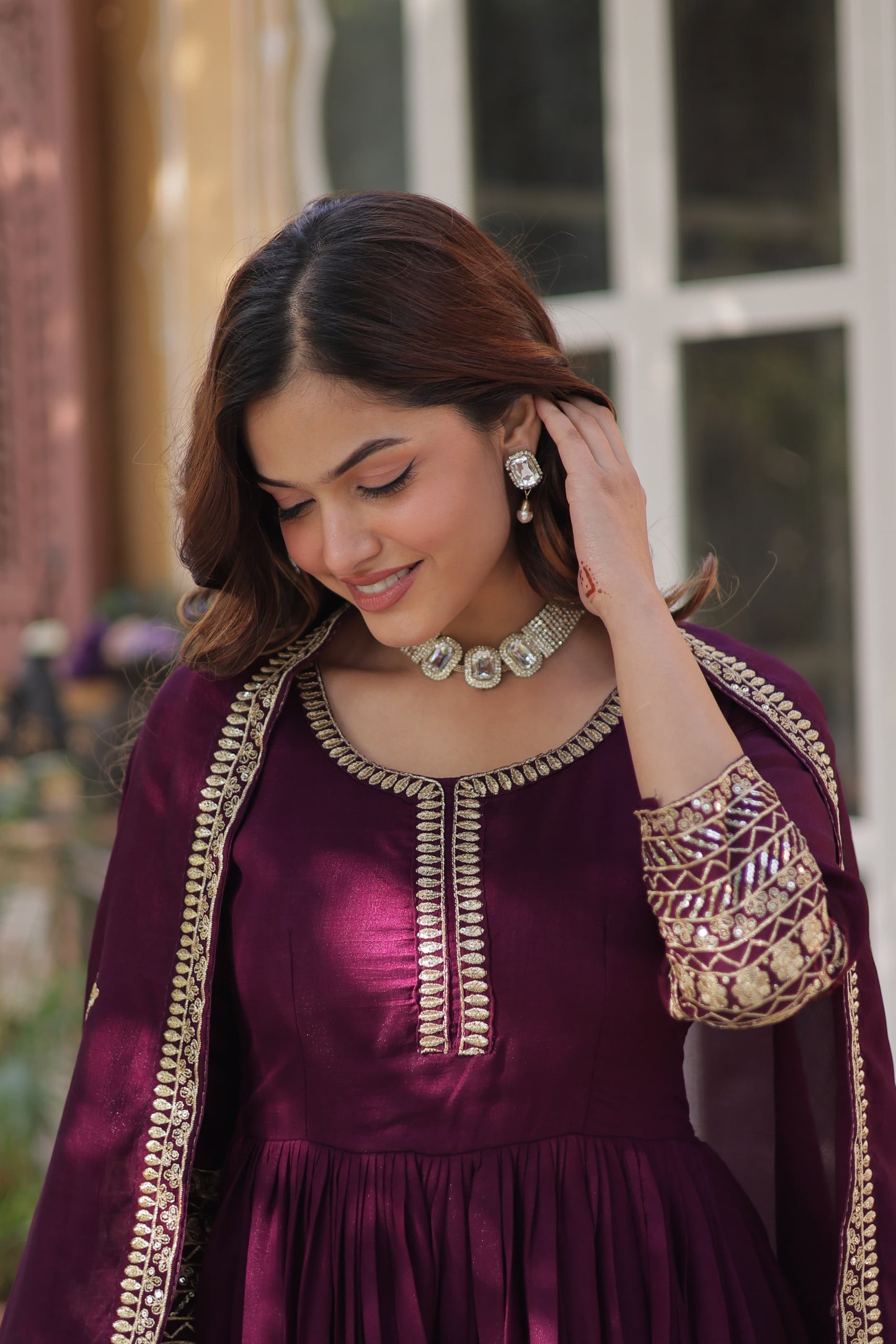 Wine Shimmer Vichitra with Rich Sequins Embroidered Gown With Dupatta