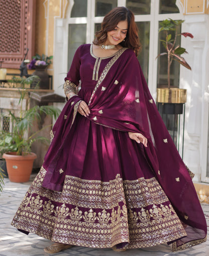Wine Shimmer Vichitra with Rich Sequins Embroidered Gown With Dupatta