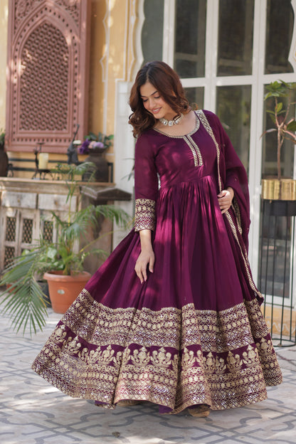 Wine Shimmer Vichitra with Rich Sequins Embroidered Gown With Dupatta