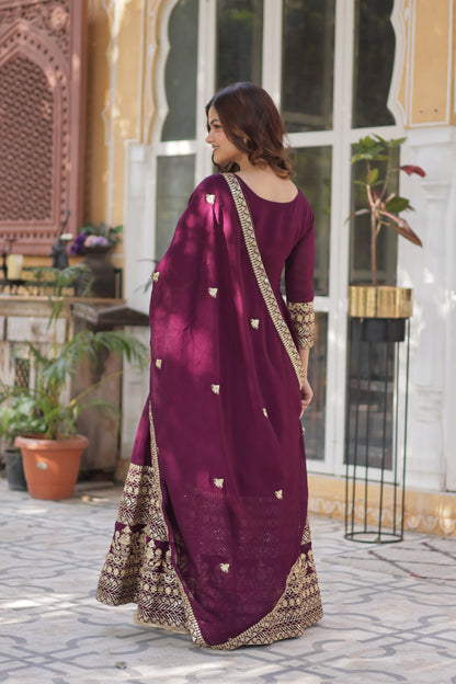 Wine Shimmer Vichitra with Rich Sequins Embroidered Gown With Dupatta
