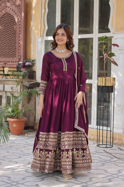 Wine Shimmer Vichitra with Rich Sequins Embroidered Gown With Dupatta
