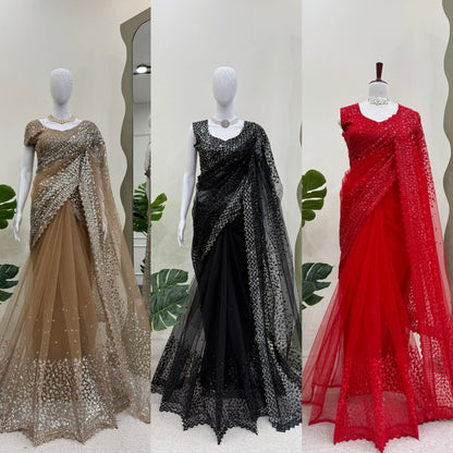 Black Soft Net With Sequence Work Saree