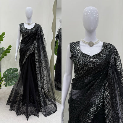 Black Soft Net With Sequence Work Saree