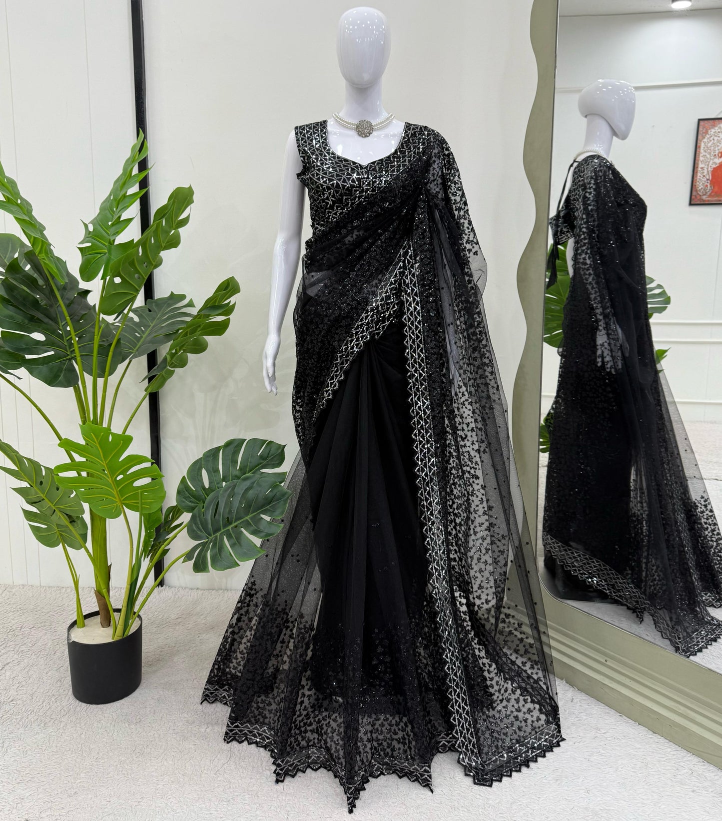 Black Soft Net With Sequence Work Saree