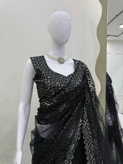 Black Soft Net With Sequence Work Saree
