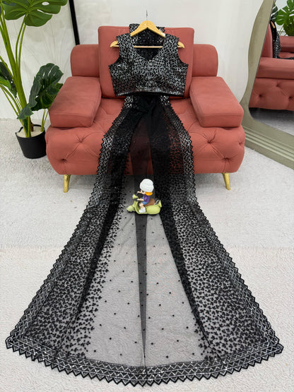 Black Soft Net With Sequence Work Saree
