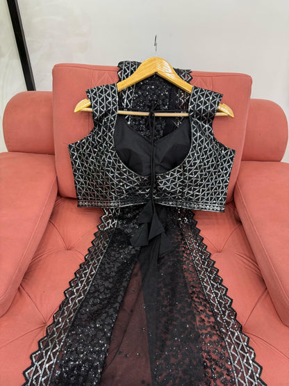 Black Soft Net With Sequence Work Saree