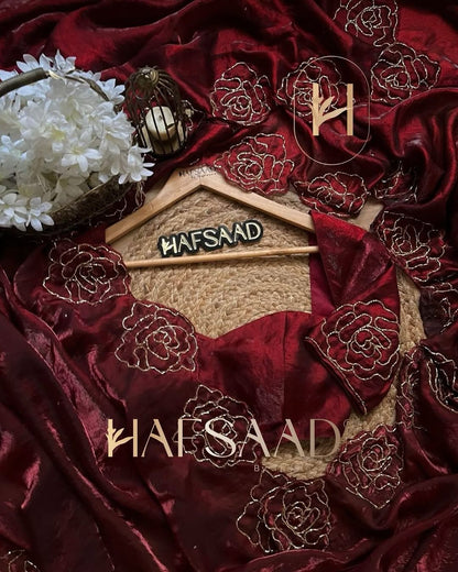 Dark Maroon Pure Space Silk With Katdana Handwork Saree