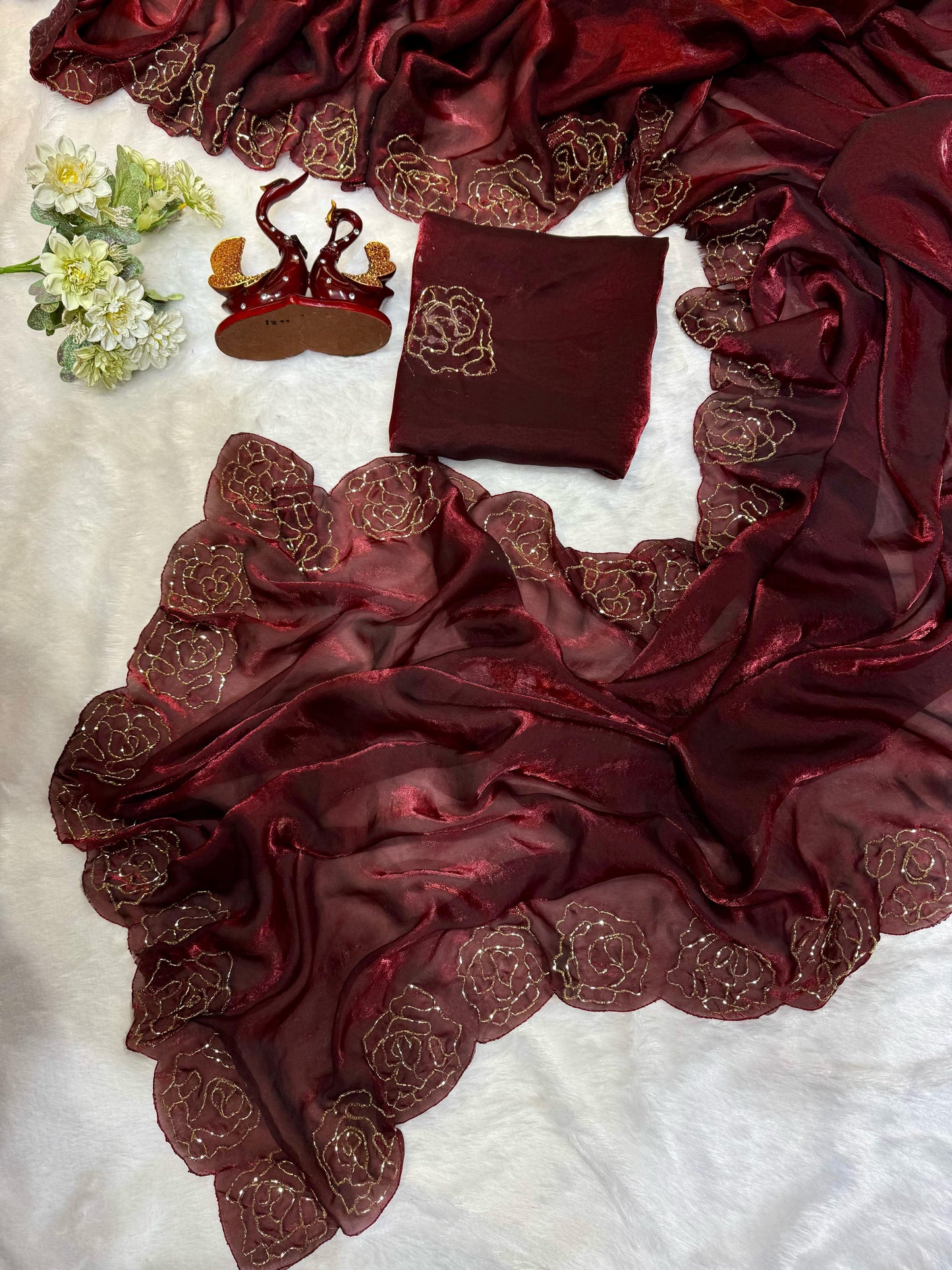 Dark Maroon Pure Space Silk With Katdana Handwork Saree
