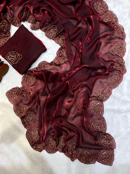 Dark Maroon Pure Space Silk With Katdana Handwork Saree
