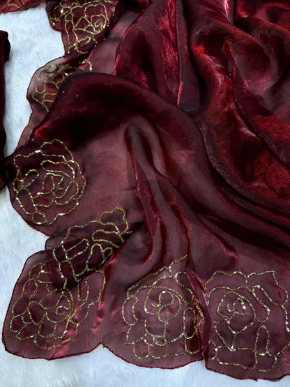 Dark Maroon Pure Space Silk With Katdana Handwork Saree