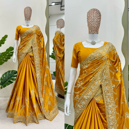 Yellow Japan Satin Silk Saree