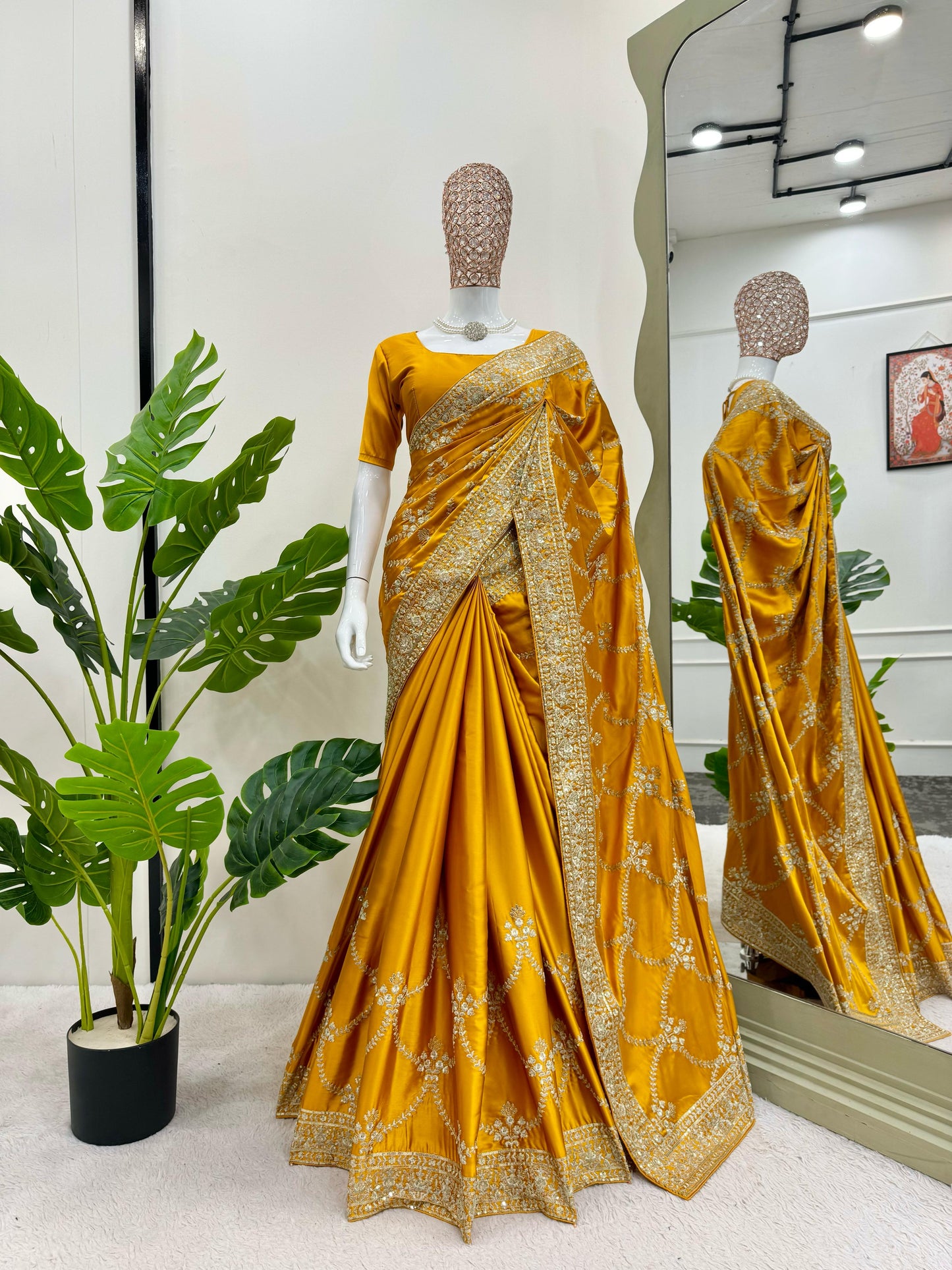 Yellow Japan Satin Silk Saree